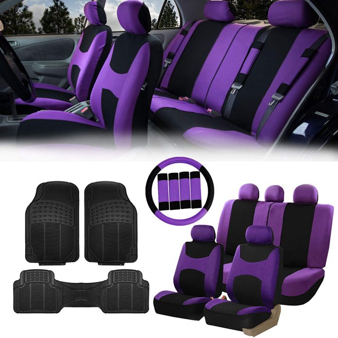 black and purple seat covers